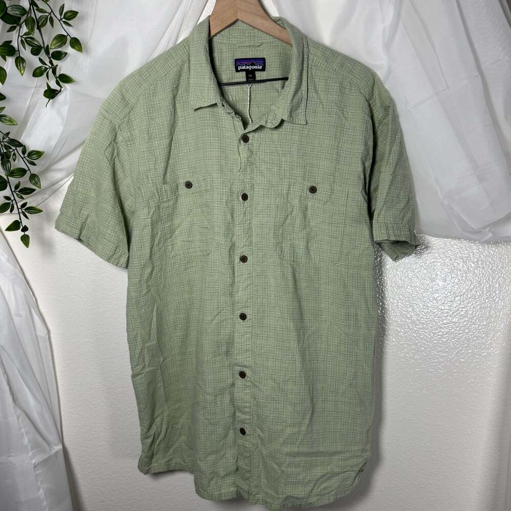 NEW Patagonia Men's Hemp Blend Short Sleeve Button Down Shirt Green Plaid XXL
